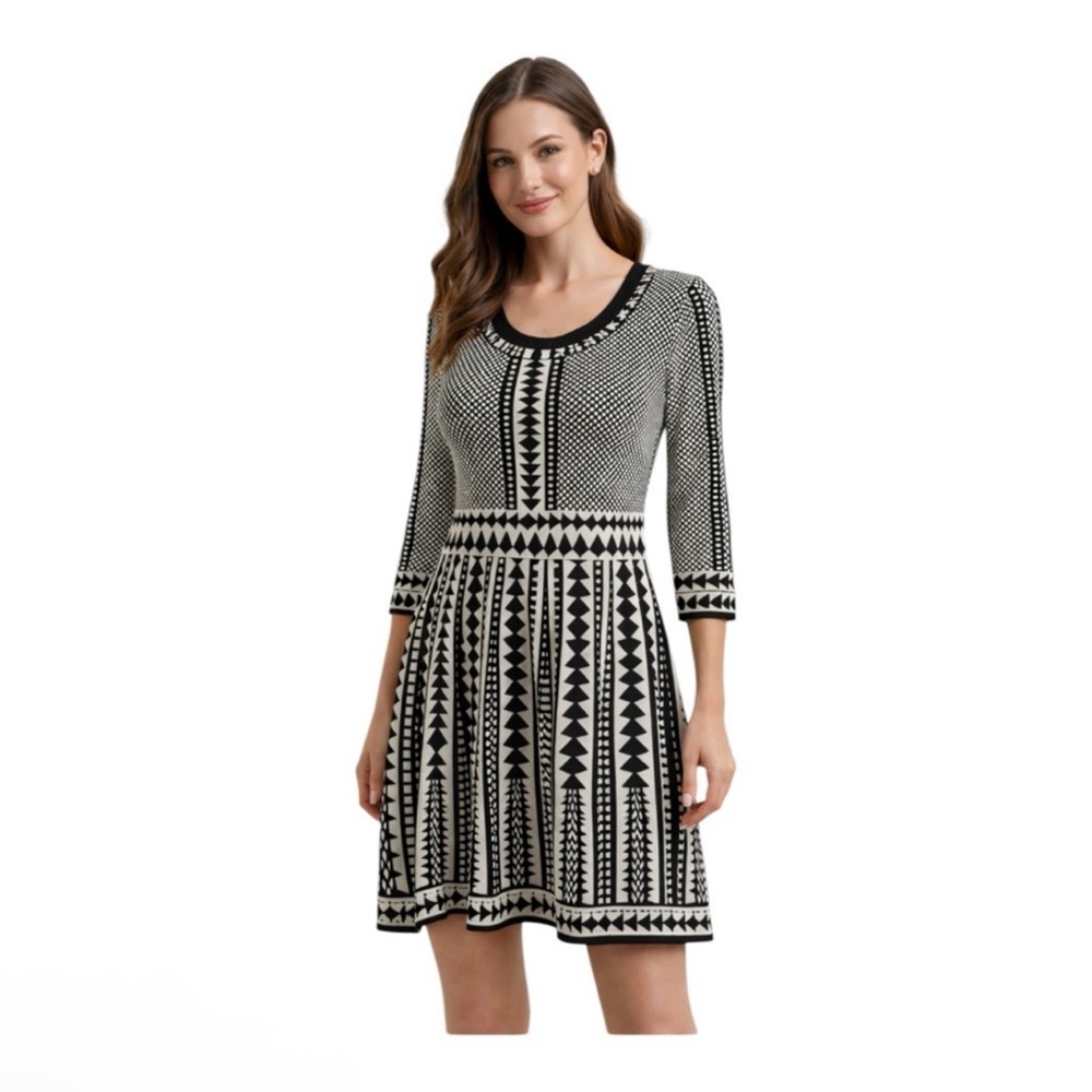 Nina Leonard Black & White Geometric Fit-and-Flare Dress size XL - Picture 1 of 7